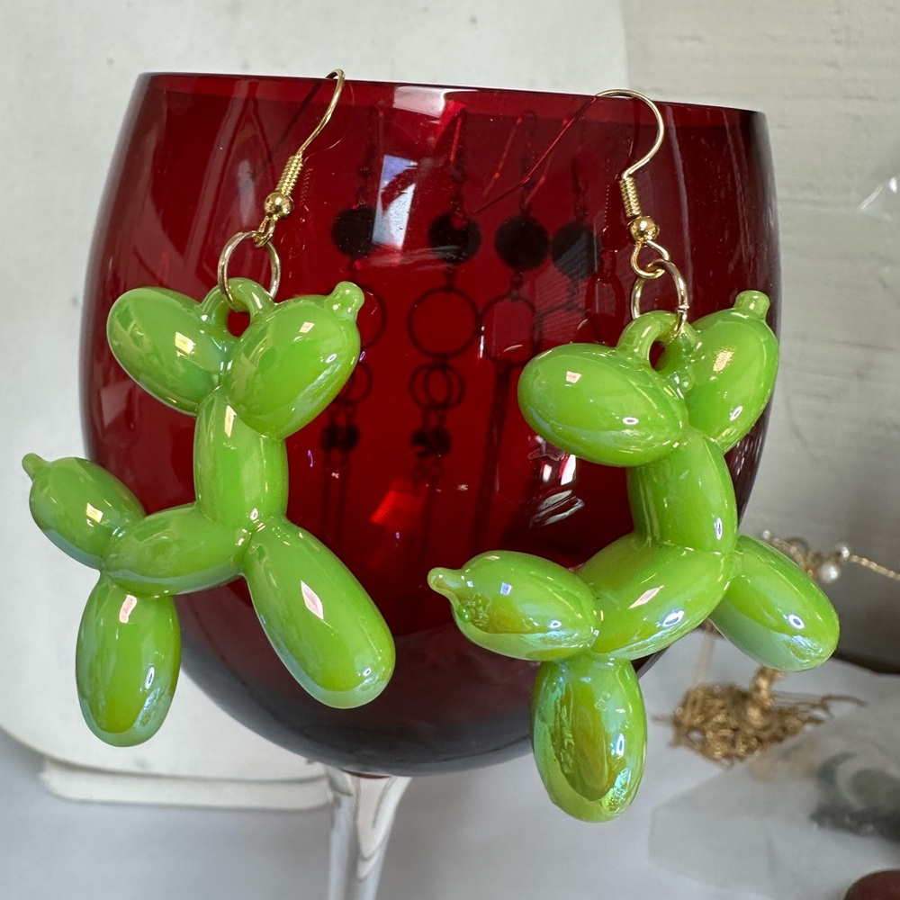 Large style lime green iridescent balloon dog poodle earrings
